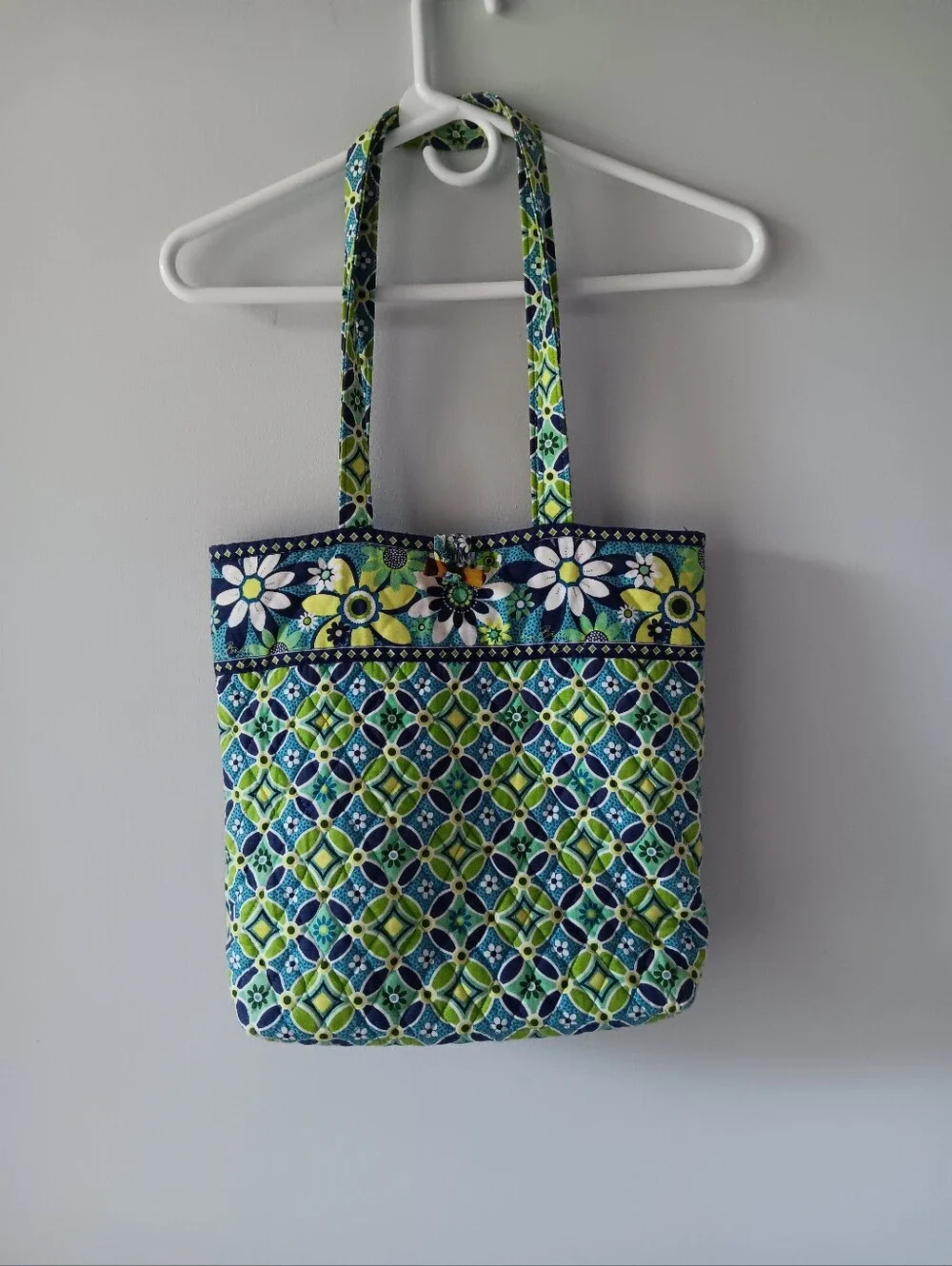 Vera Bradley Daisy Daisy Geometric Floral Tote Bag Double Handle Green Blue 13